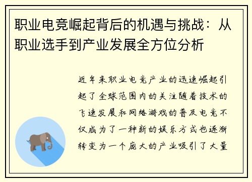 职业电竞崛起背后的机遇与挑战：从职业选手到产业发展全方位分析