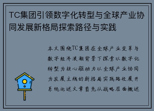 TC集团引领数字化转型与全球产业协同发展新格局探索路径与实践